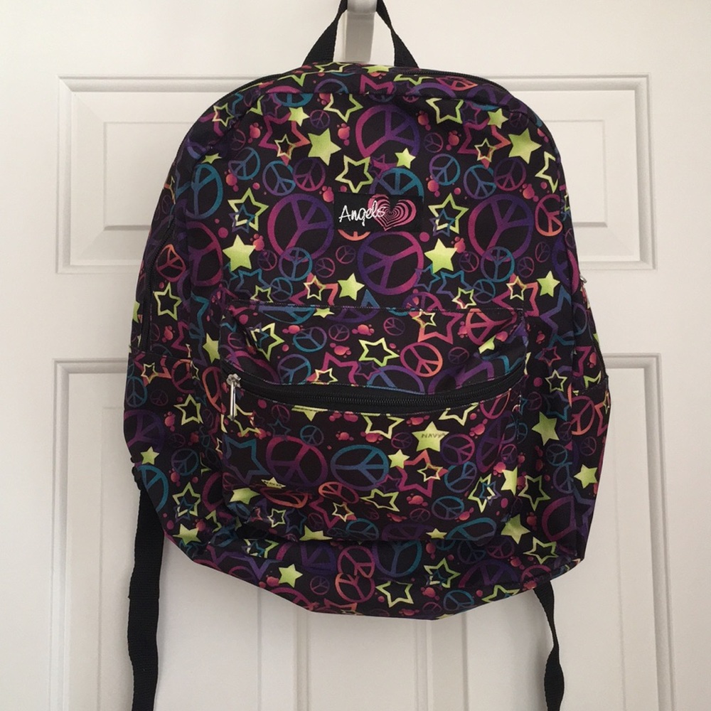 Angels Girls Book bag Zipper Stars on Black Backpack 1 outer zipper pouch